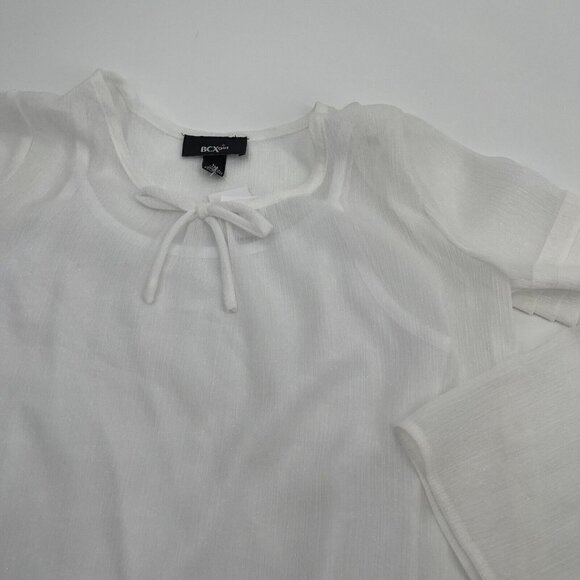 BCX Girl Top Large Womens White Casual Sheer Bell Sleeves Lightweight Tie New - Picture 4 of 12